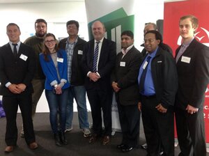 Hon Steven Joyce at the Engineering E2E Programme launch in Auckland with representatives from the Department of Civil Engineering, Unitec. L to R: Arama Prime, Daniel Phillips, Shannon Wallis, Al Kaspar, Minister Joyce, Dr Babar Mahmood, Winston Hilliau, Dr Gregory Decosta, Myles Naley