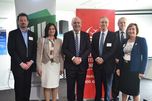 Representatives at the Engineering E2E Programme launch in Auckland. L to R: John Burden, Project Director, Well-Connected Alliance; Meredith Morgan, Chief Executive (Acting), Unitec; Hon Steven Joyce, Minister of Tertiary Education, Skills and Employment; Pete Brothers, Chief Executive, MIT; Murray Johnson, Manager (Strategy), Tertiary Education Commission; Dianne Kidd, Deputy Chair, Unitec.